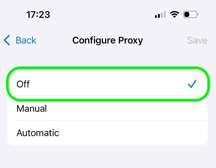iPhone Wi-Fi settings showing the 'Configure Proxy' screen with 'Off' selected, along with step-by-step instructions above: Go to Settings > Wi-Fi, tap the 'i' icon next to the connected network, scroll to HTTP Proxy, select Off, and tap Save.