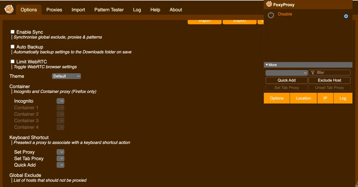 Painel de controle da extensão FoxyProxy para Chrome com configurações avançadas de regras de proxy.