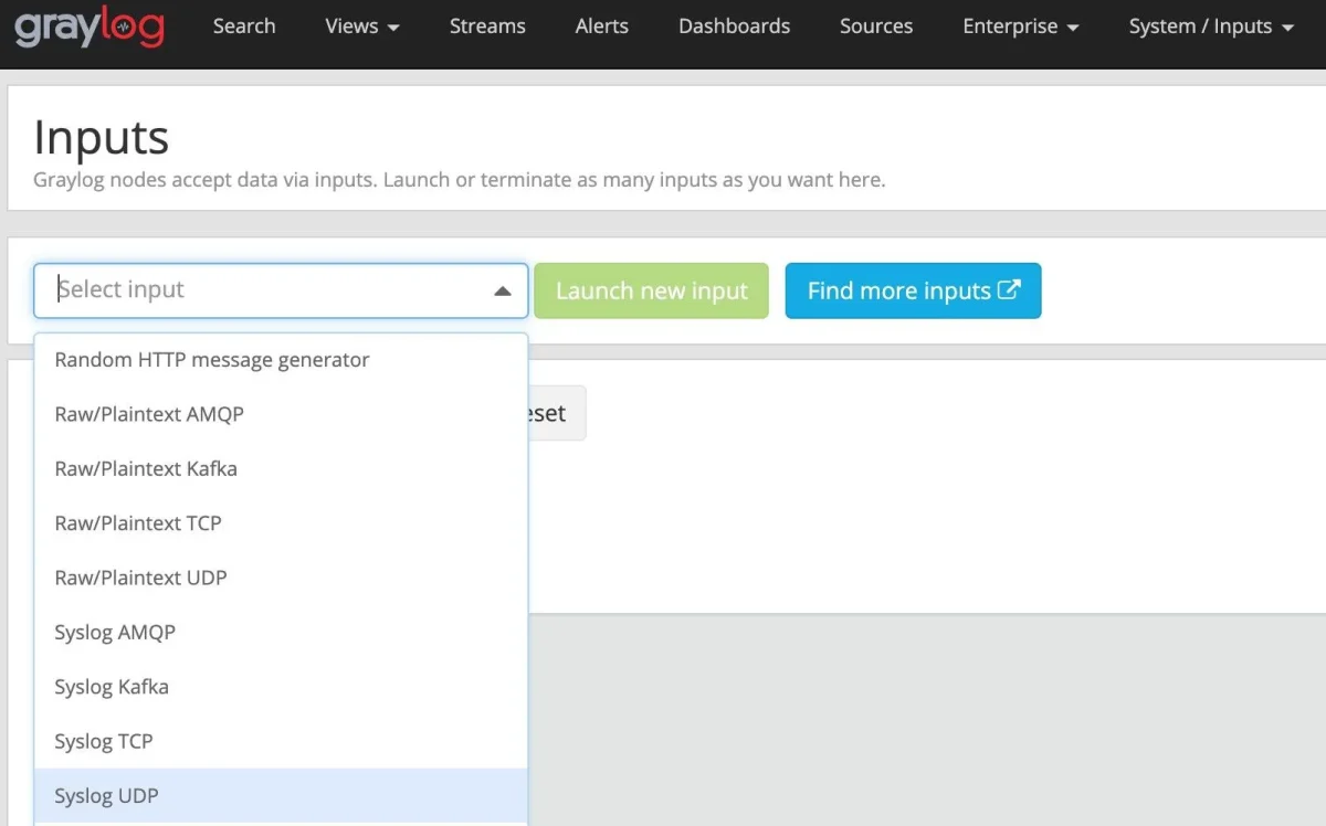 Graylog's dashboard navigation, syslog monitoring