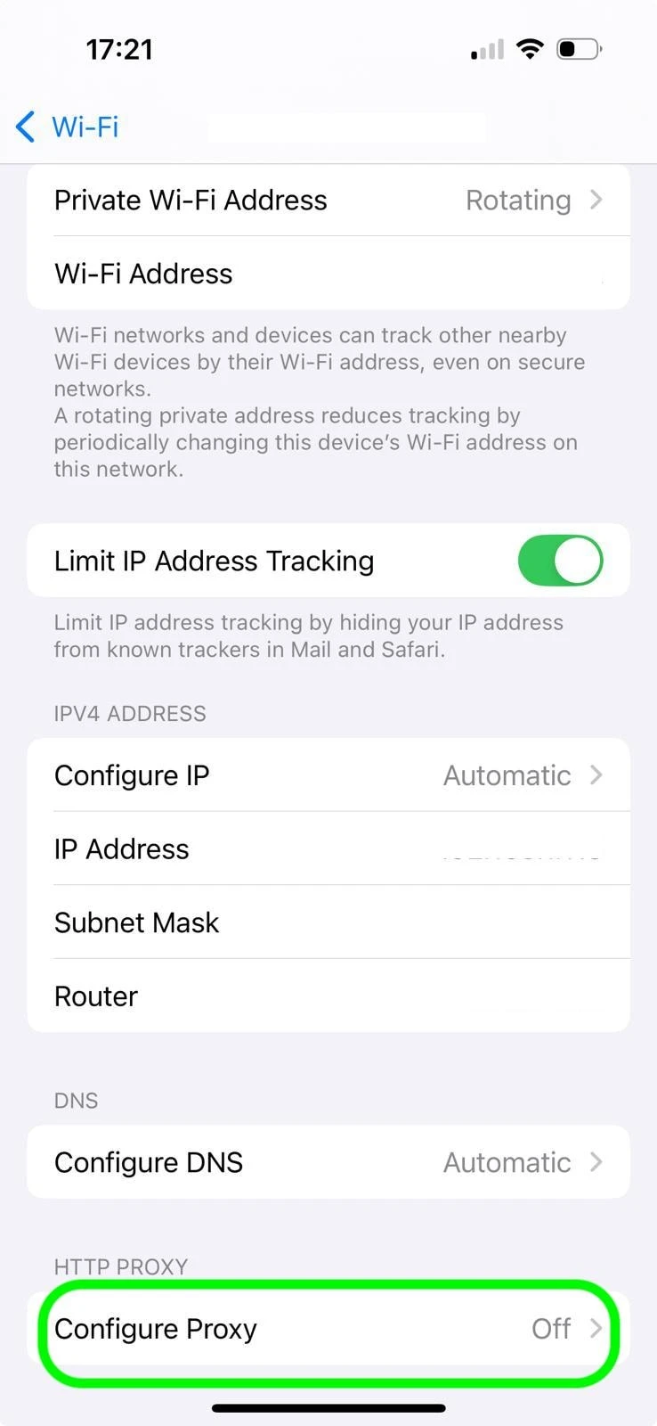 iPhone Wi-Fi settings screen showing 'Private Wi-Fi Address' set to 'Rotating', with instructions to scroll down and select 'Configure Proxy' under HTTP Proxy