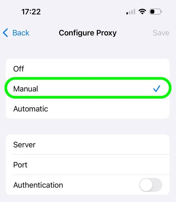 iPhone Configure Proxy settings screen with 'Manual' selected, showing options for Off, Manual, and Automatic, along with fields for Server, Port, and Authentication.