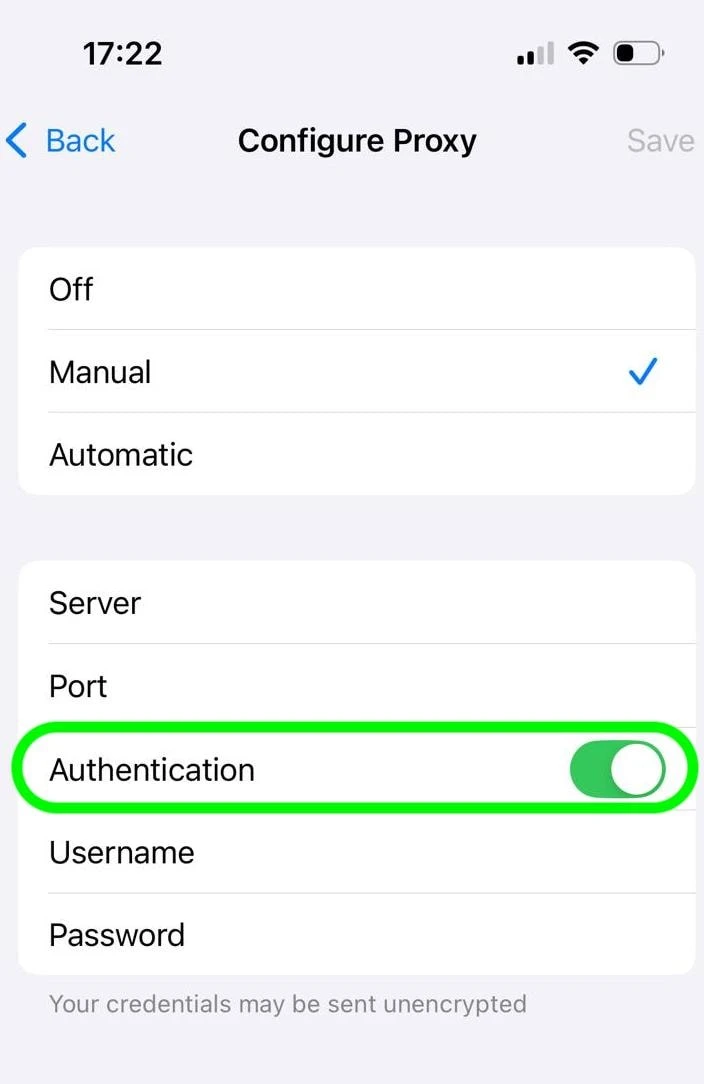iPhone Configure Proxy settings screen with 'Manual' selected and Authentication toggled on, showing fields for Server, Port, Username, and Password.