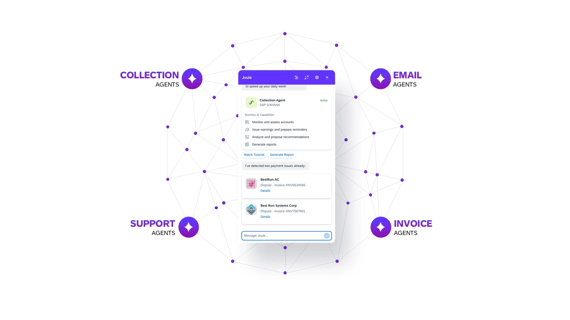 L'image montre comment quatre agents SAP AI spécialisés différents, capables de gérer le recouvrement, la génération d'e-mails, le support et la facturation, peuvent collaborer pour résoudre un litige de paiement. L'image montre comment quatre agents SAP AI spécialisés différents, capables de gérer le recouvrement, la génération d'e-mails, le support et la facturation, peuvent collaborer pour résoudre un litige de paiement.