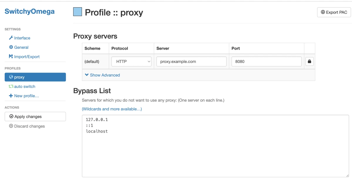 SwitchyOmega é uma ferramenta proxy para Chrome que permite gerenciar servidores e contornar regras.