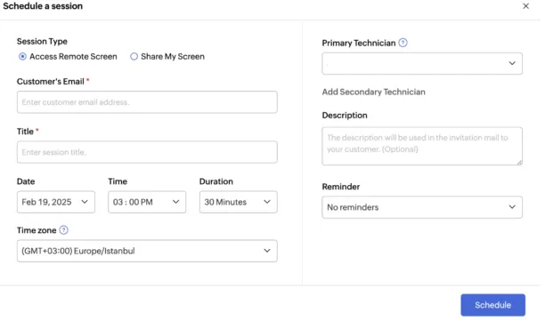 Zoho Assist's remote support scheduling dashboard.