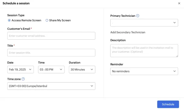Zoho Assist's remote support scheduling dashboard.