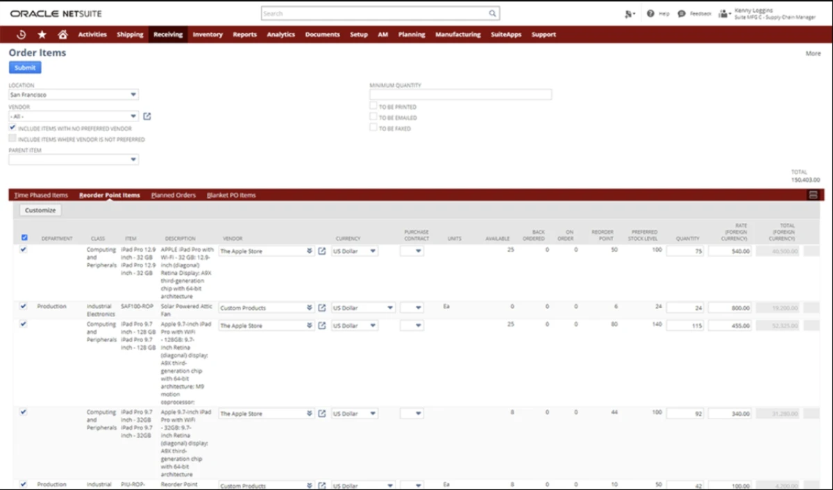 The image shows the dashboard of Oracle Netsuite for production planning. The image shows the dashboard of Oracle Netsuite for production planning.