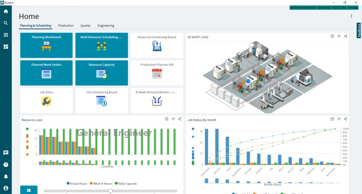 The image shows the homepage of an production planning tool that is part of the Epicor ERP module. The image shows the homepage of an production planning tool that is part of the Epicor ERP module.