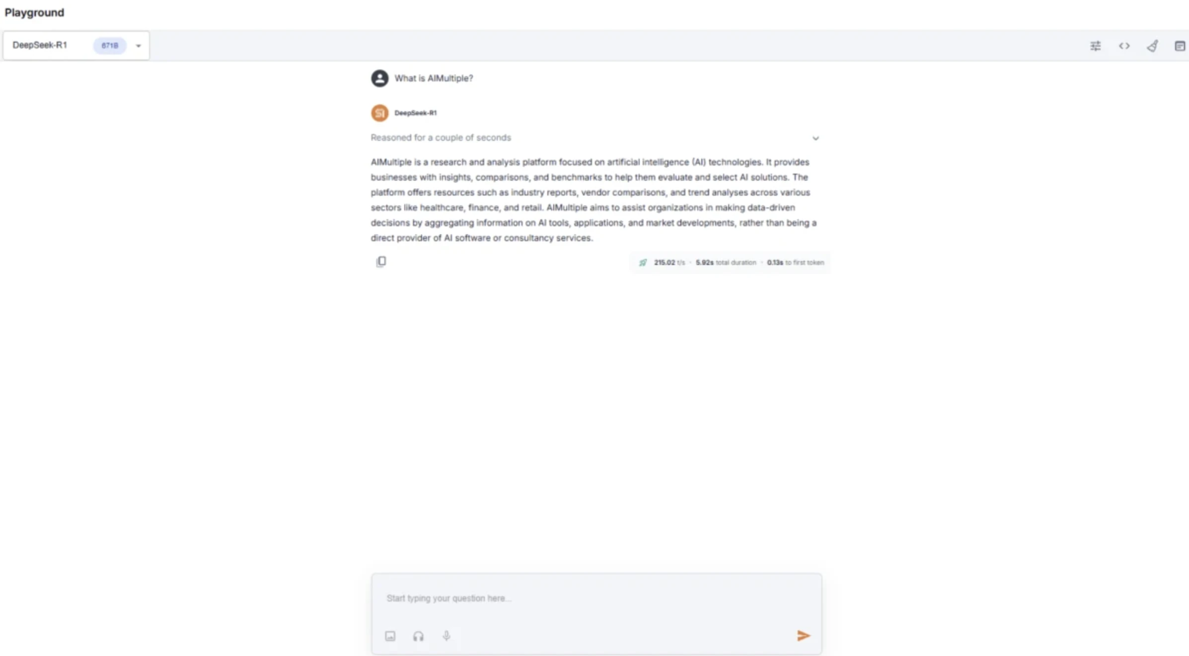 SambaNova playground: DeepSeek model interface with reasoning capabilities and detailed performance metrics. SambaNova playground: DeepSeek model interface with reasoning capabilities and detailed performance metrics.