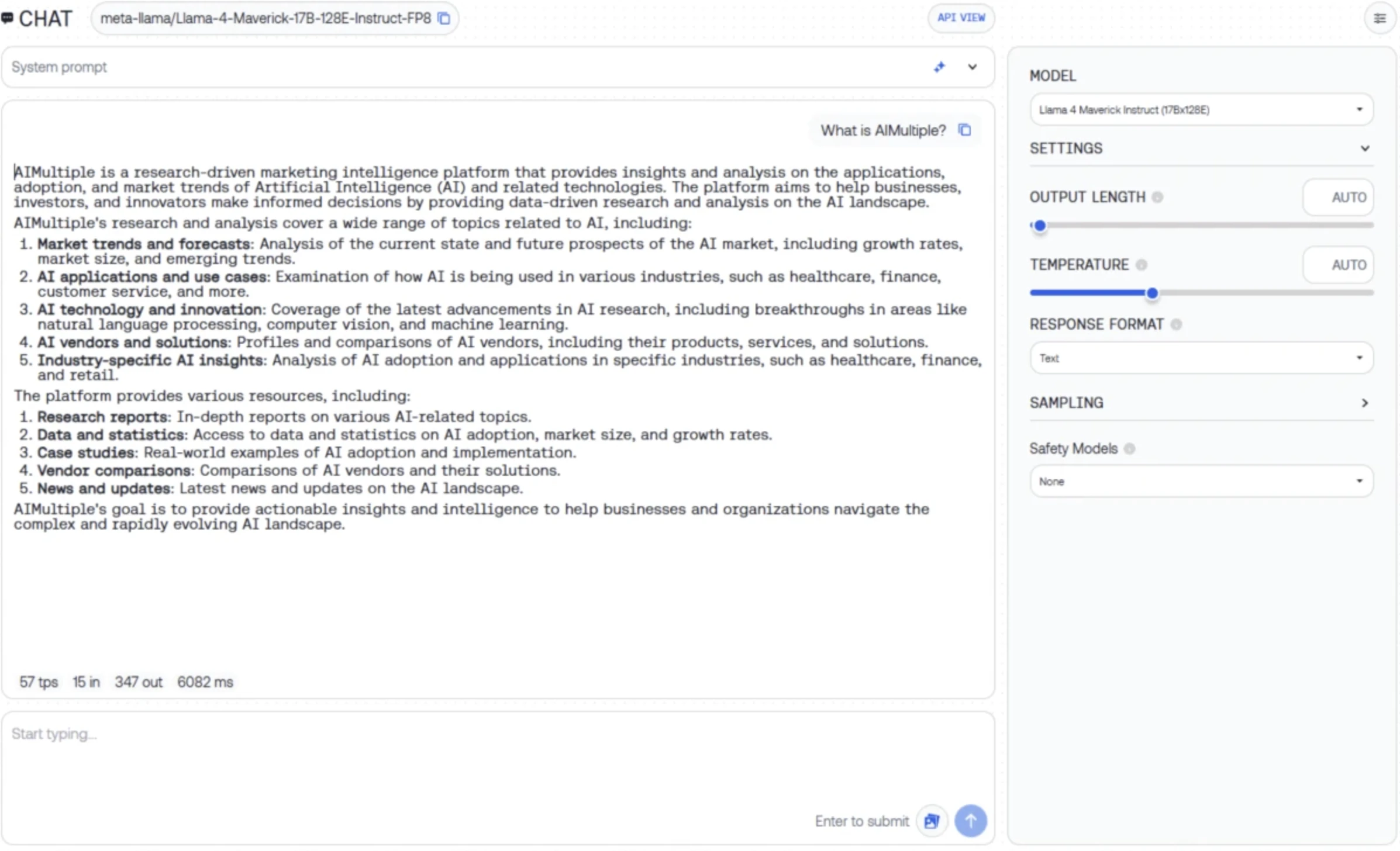 Together AI interface: LLM playground featuring Llama model selection, adjustable parameters, and detailed response metrics. Together AI interface: LLM playground featuring Llama model selection, adjustable parameters, and detailed response metrics.