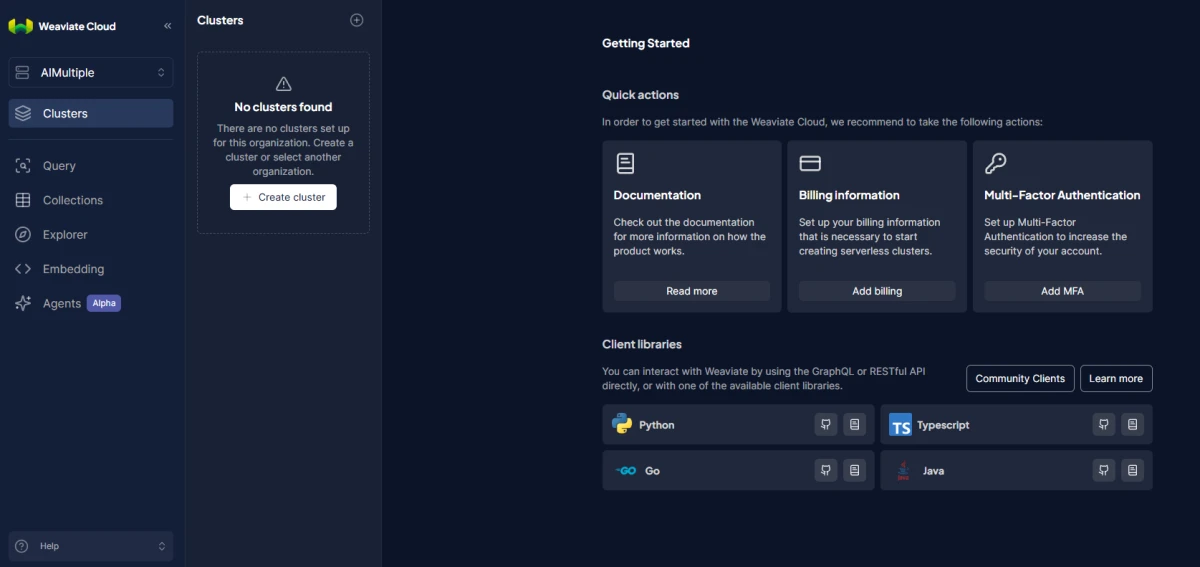 Figura 2: Weaviate Cloud panel de control
