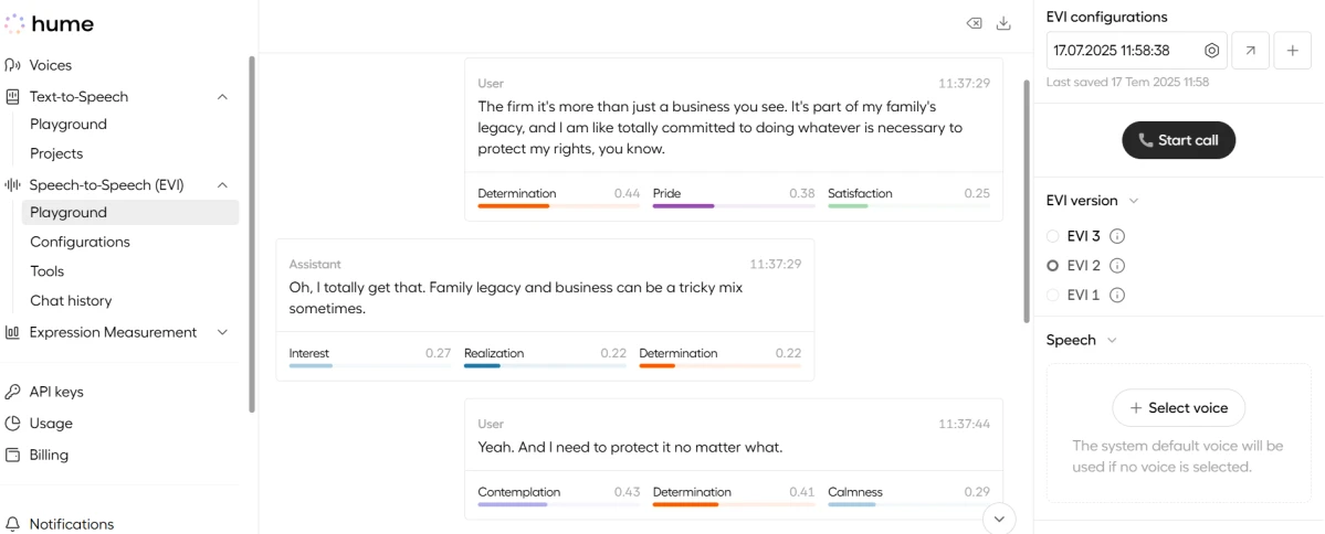 Speech analysis for conversation of Hume EVI, one of the emotion AI tools