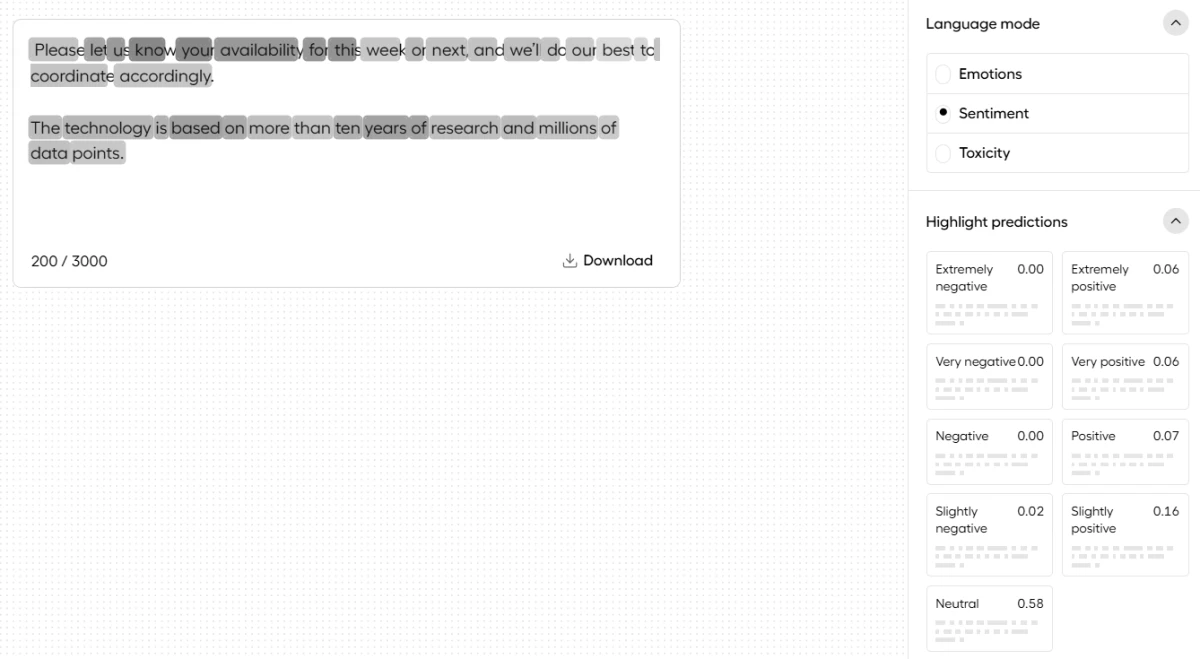 Text analysis for sentiment of Hume Expression Measurement, one of the emotion AI tools