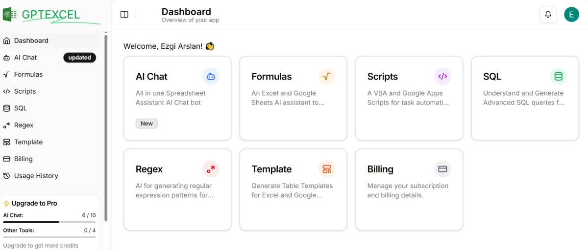 Dashboard of GPTExcel, an AI excel solution Dashboard of GPTExcel, an AI excel solution