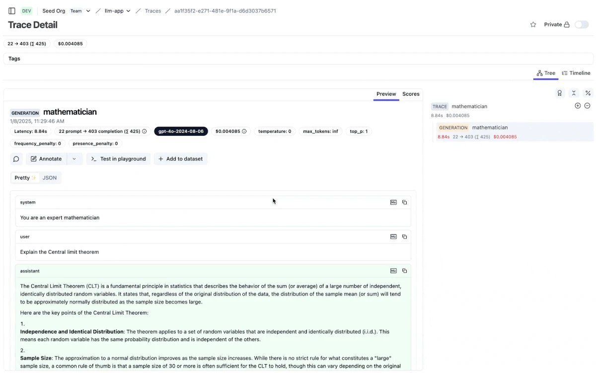 Exemplo de painel do Langfuse mostrando detalhes de rastreamento Exemplo de painel do Langfuse mostrando detalhes de rastreamento