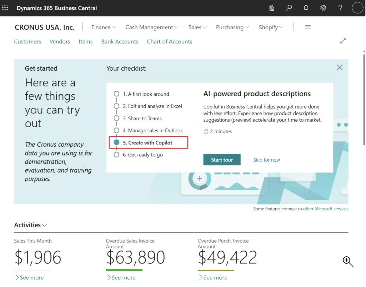 L'immagine mostra la dashboard di Microsoft Business Central che implementa una funzionalità ERP basata sull'intelligenza artificiale di Agentic.
