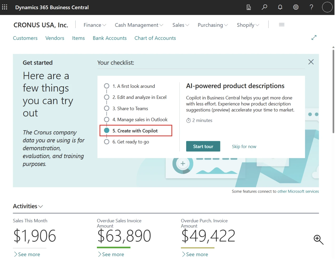 A imagem é o painel do Microsoft Business Central implementando uma capacidade de ERP de IA agêntica
