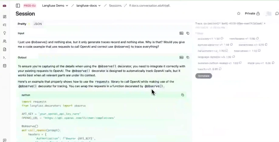 Um exemplo da visualização da sessão, mostrando todo o fluxo da conversa juntamente com o código Python executado, correlacionando as entradas do usuário com as saídas do sistema e exibindo os metadados da sessão para fornecer uma visão completa de como a interação foi processada. Um exemplo da visualização da sessão, mostrando todo o fluxo da conversa juntamente com o código Python executado, correlacionando as entradas do usuário com as saídas do sistema e exibindo os metadados da sessão para fornecer uma visão completa de como a interação foi processada.