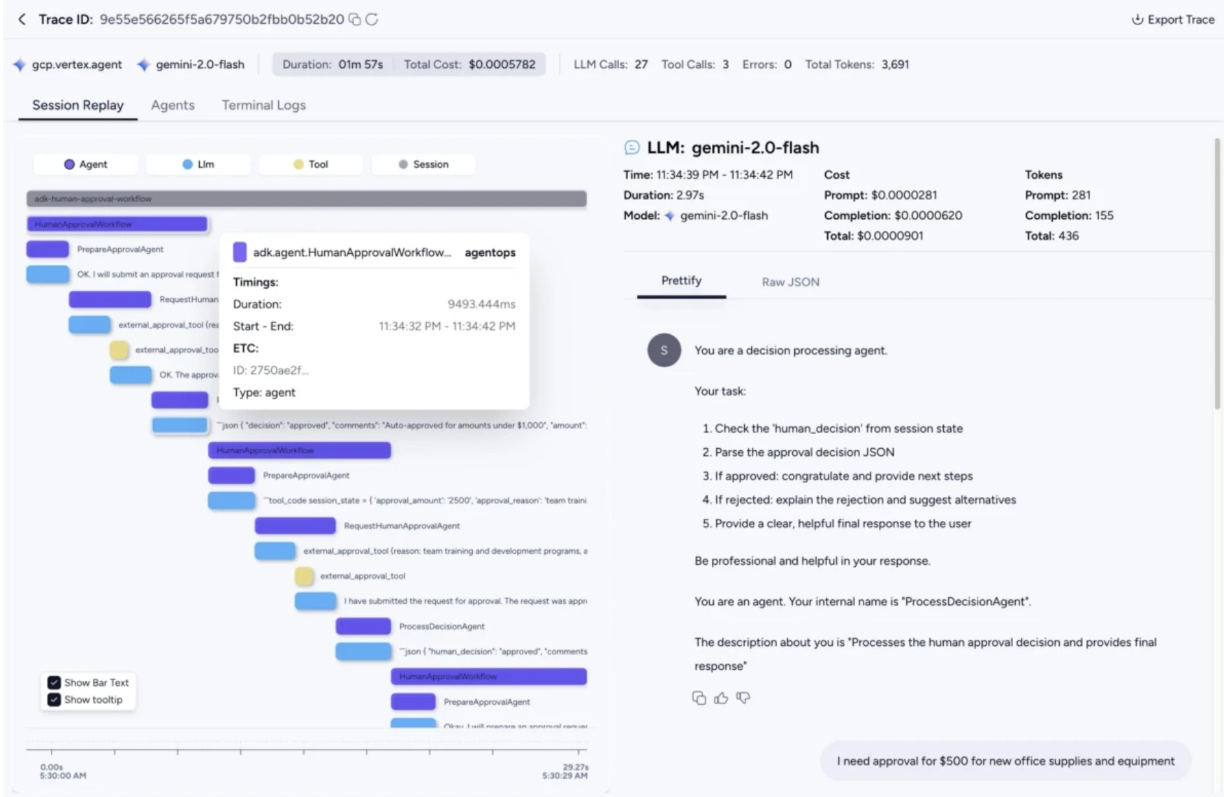 Session replay dashboard example from AgentOps.ai.