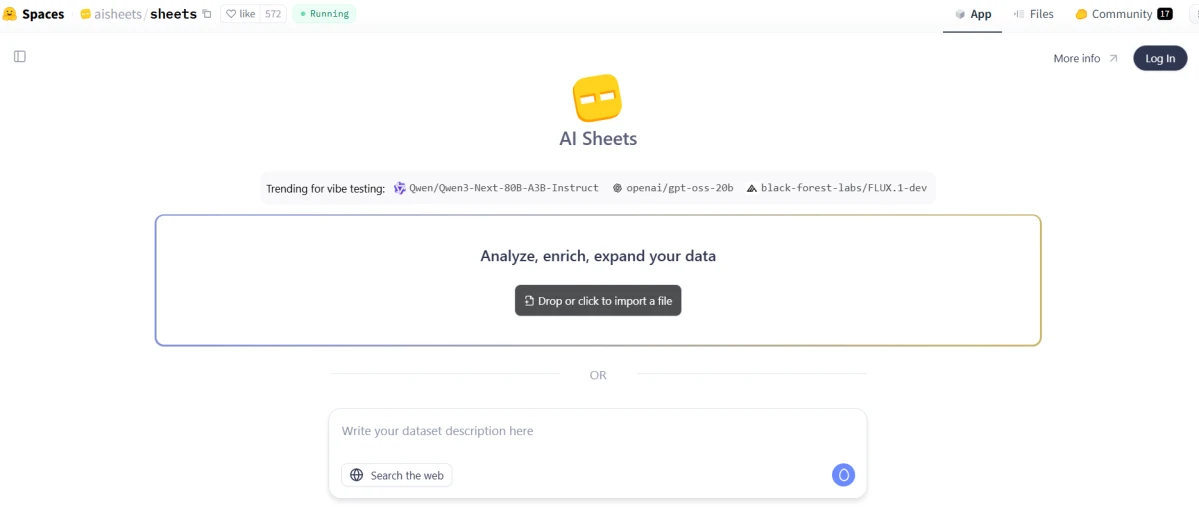 Dashboard of HuggingFace AI Sheets, an ai excel tool Dashboard of HuggingFace AI Sheets, an ai excel tool
