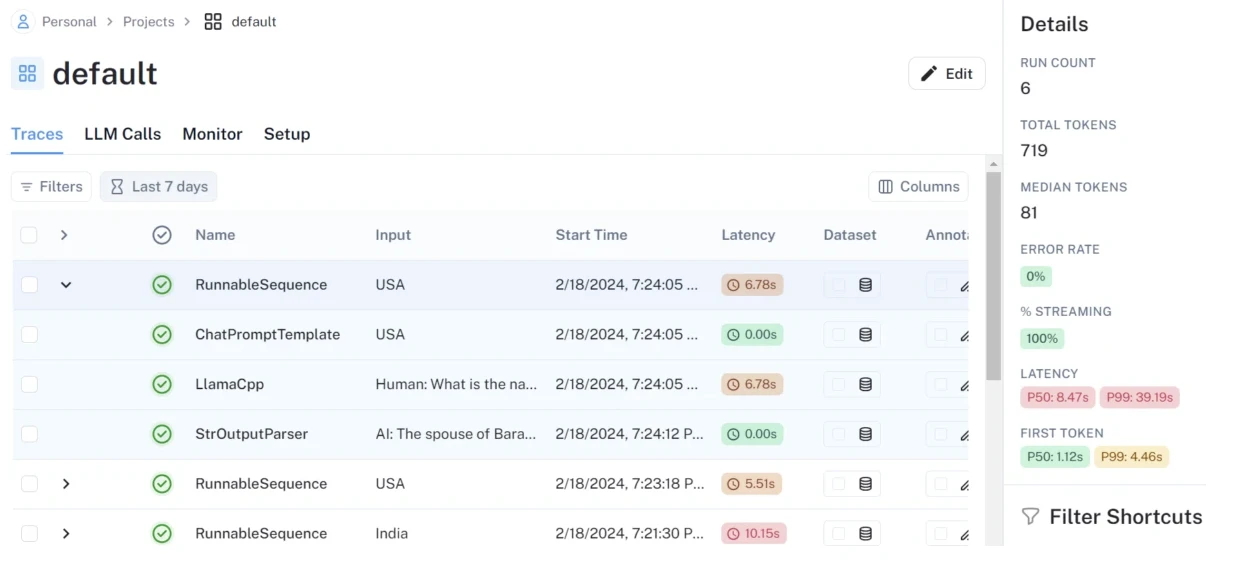 LangSmith dashboard showing traces, including their names, inputs, start times, and latencies.