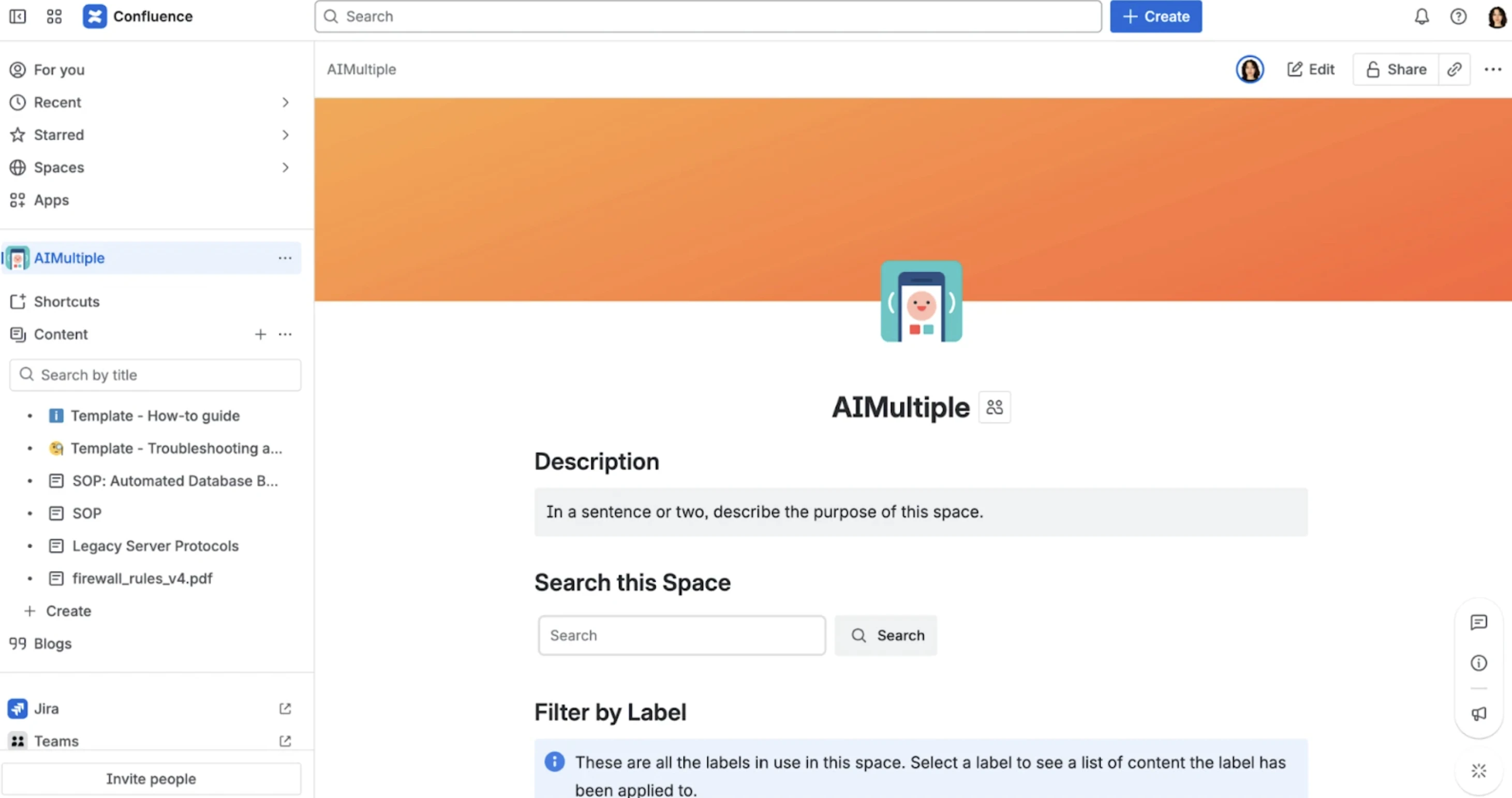 Confluence displays recent documents, spaces, and team activity directly on the homepage