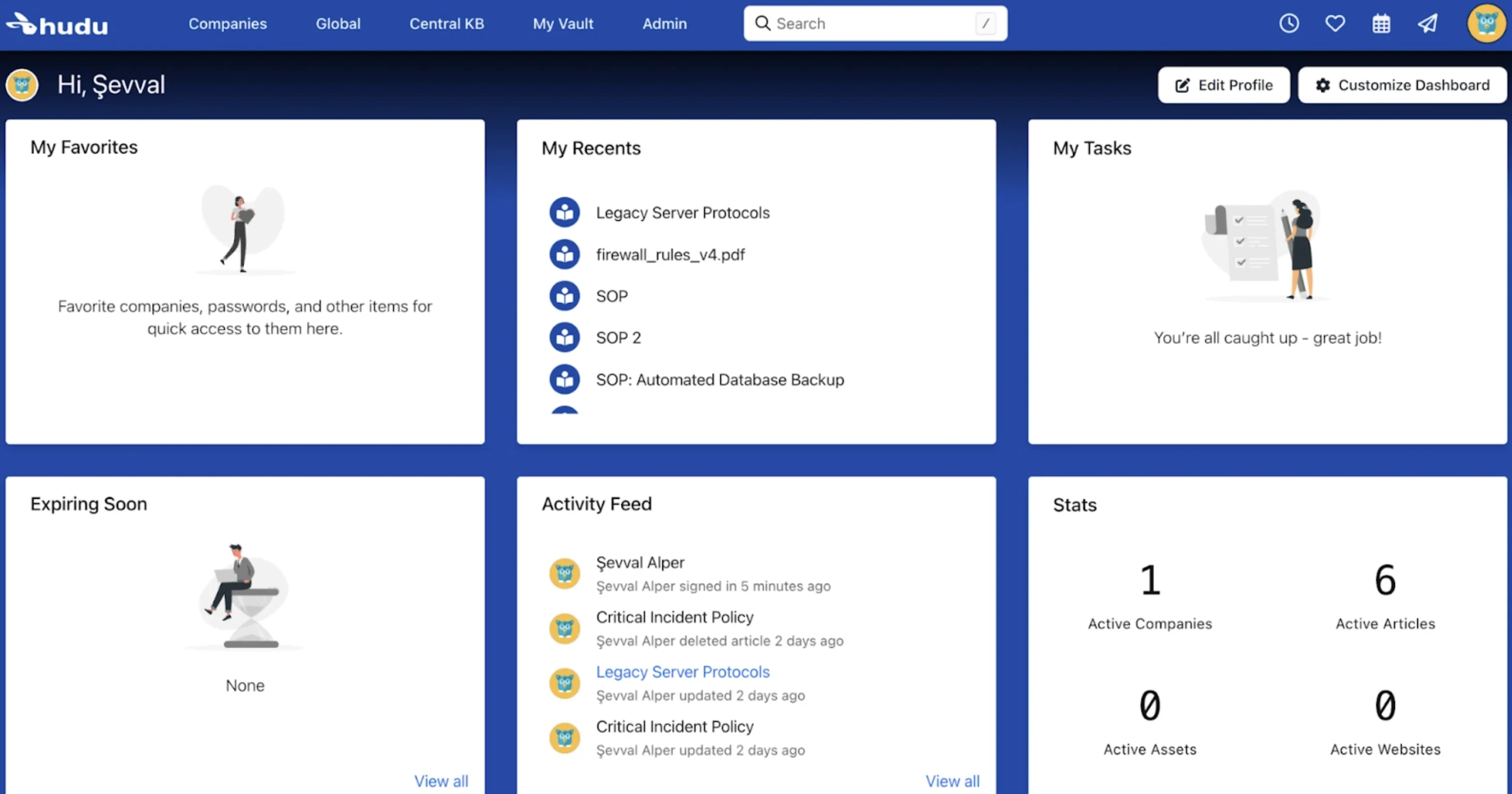 Hudu's dashboard