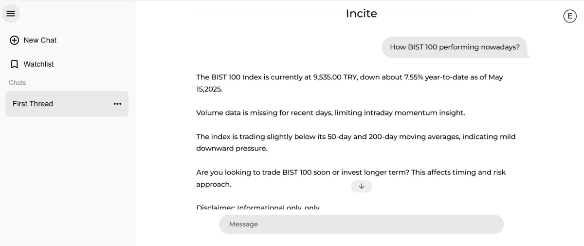 Dashboard von Incite AI, einer KI-gestützten Finanzforschungsplattform