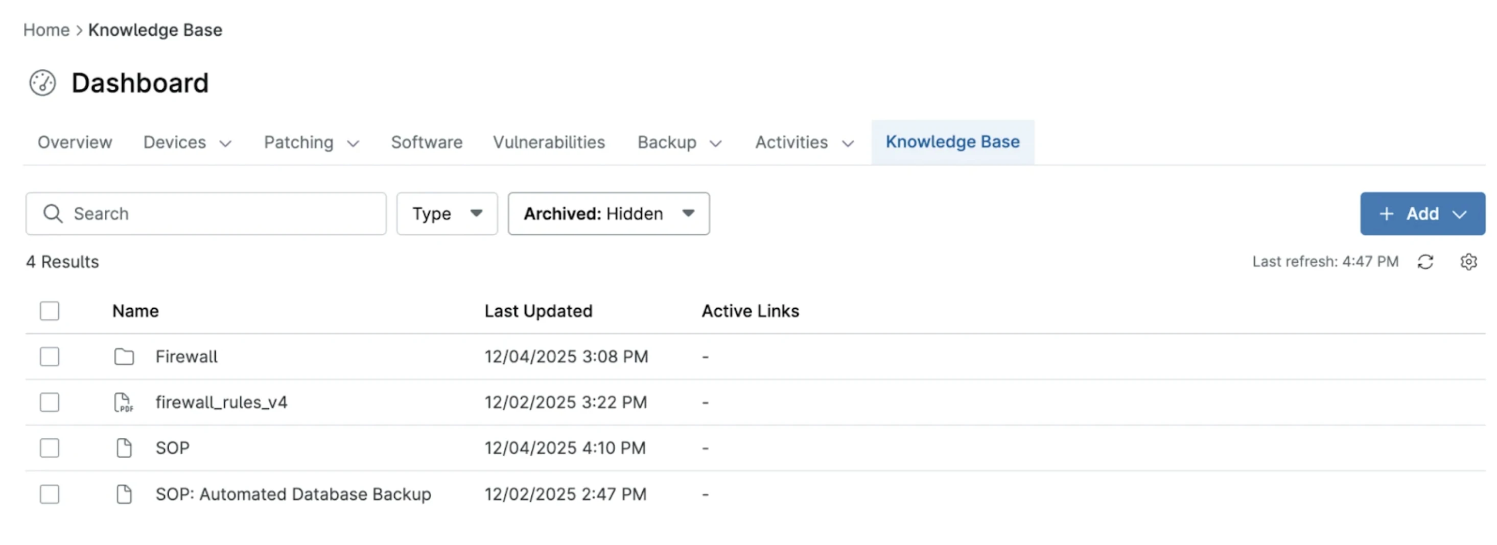 The knowledge base organizes documents in a hierarchical folder structure with metadata columns. 