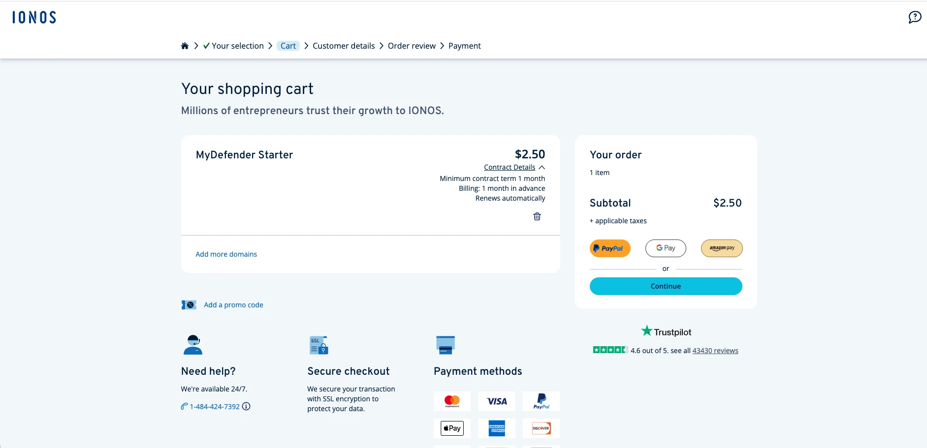 MyDefender Starter, eine der Google Workspace-Backup-Plattformen, ist für 2,50 $ pro Monat im Warenkorb MyDefender Starter, eine der Google Workspace-Backup-Plattformen, ist für 2,50 $ pro Monat im Warenkorb