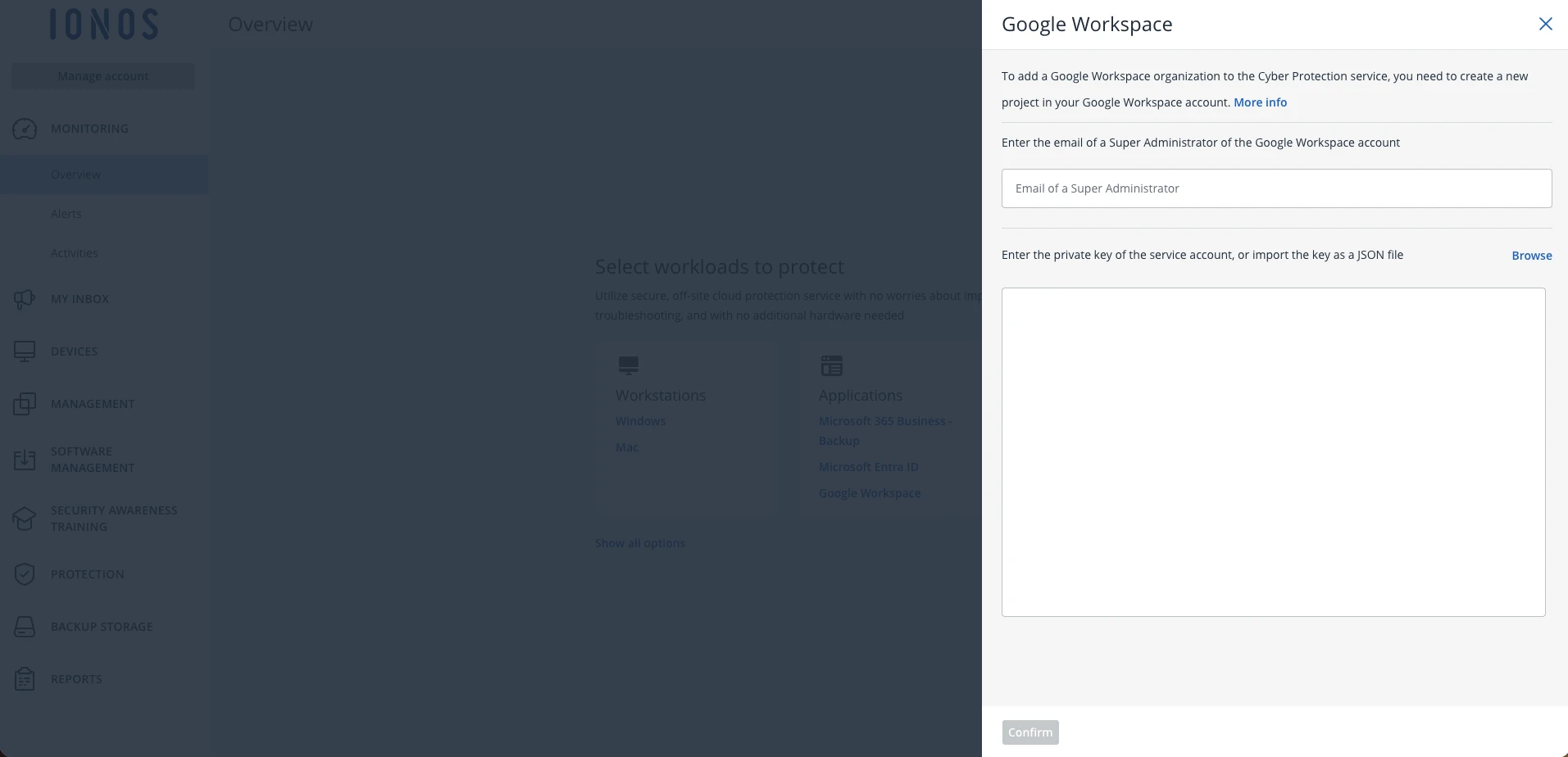 Das Hinzufügen der Google Workspace-Organisation erfordert die Super-Admin-E-Mail und den JSON-Schlüssel des Dienstkontos Das Hinzufügen der Google Workspace-Organisation erfordert die Super-Admin-E-Mail und den JSON-Schlüssel des Dienstkontos