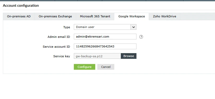 Das Formular zum Hinzufügen eines Google-Kontos erfordert einen Domänenbenutzer, Admin-E-Mail, Dienstkonto-E-Mail und P12-Schlüssel für das Google Workspace-Backup. Das Formular zum Hinzufügen eines Google-Kontos erfordert einen Domänenbenutzer, Admin-E-Mail, Dienstkonto-E-Mail und P12-Schlüssel für das Google Workspace-Backup.