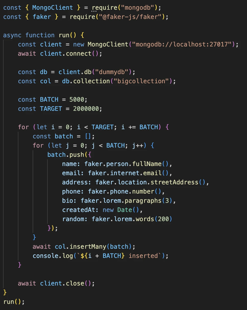 Code screenshot showing the MongoDB insertion script Code screenshot showing the MongoDB insertion script