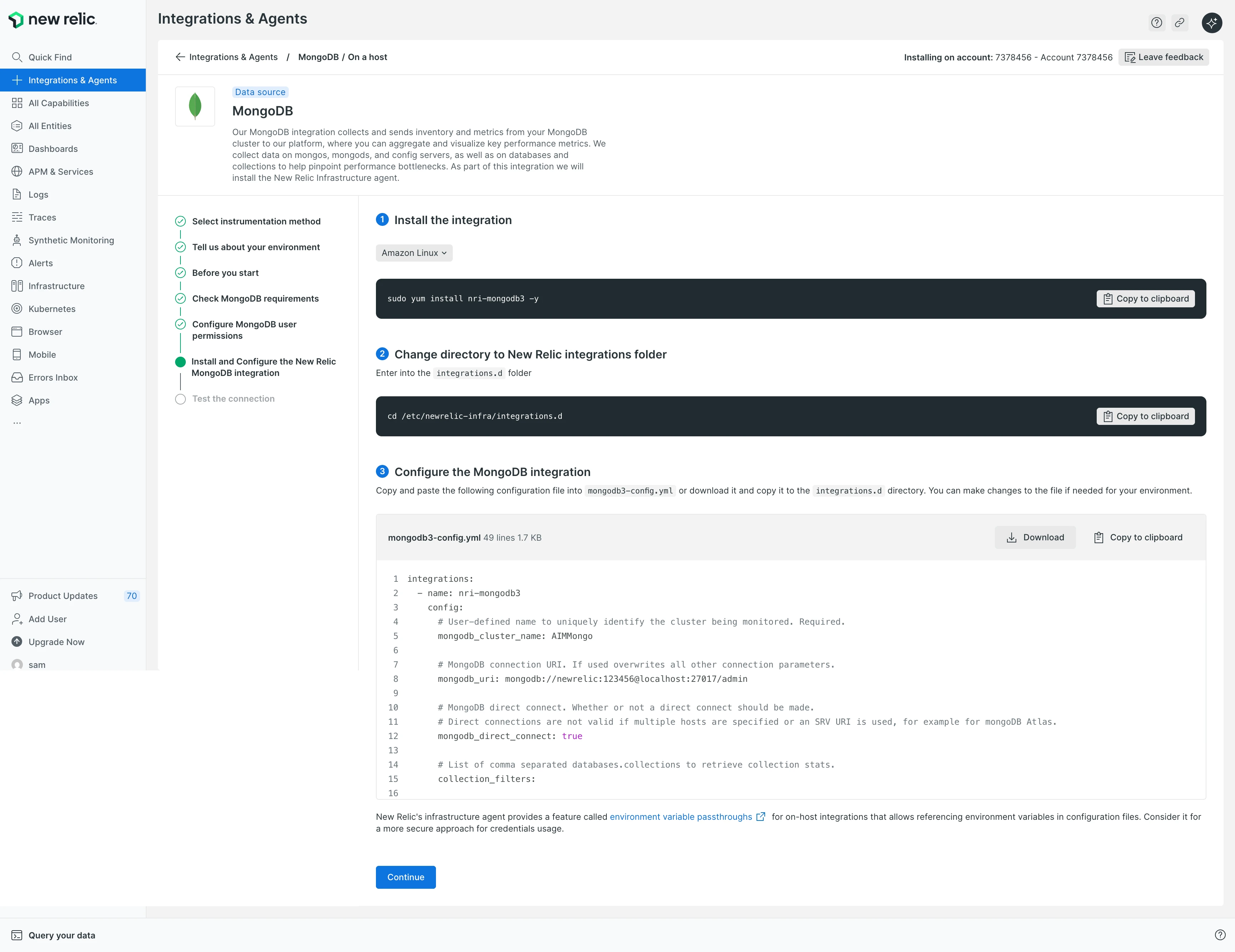 Instale a integração com o comando sudo yum install nri-mongodb3