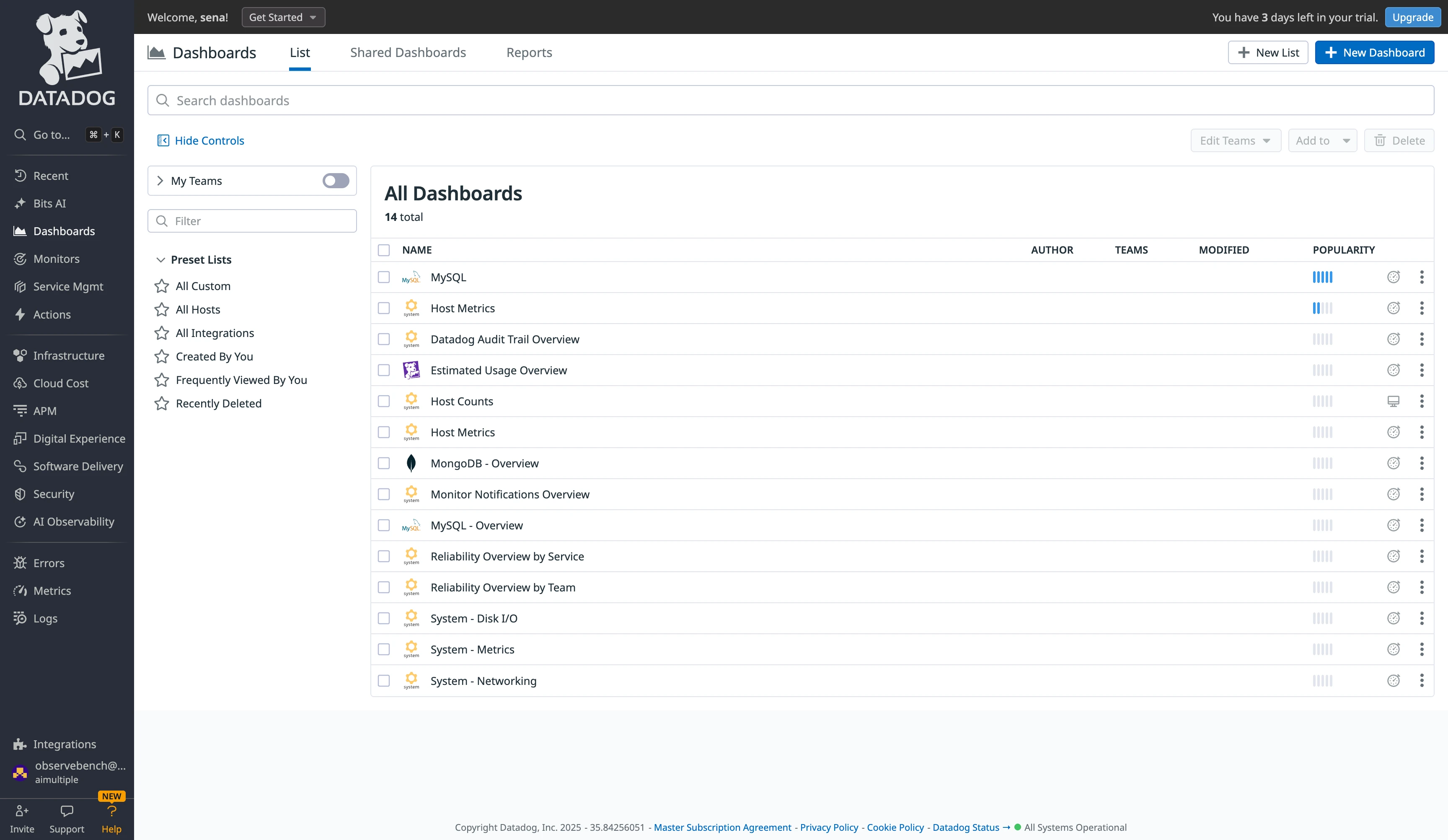 Datadog Dashboards list showing "MongoDB - Overview" Datadog Dashboards list showing "MongoDB - Overview"