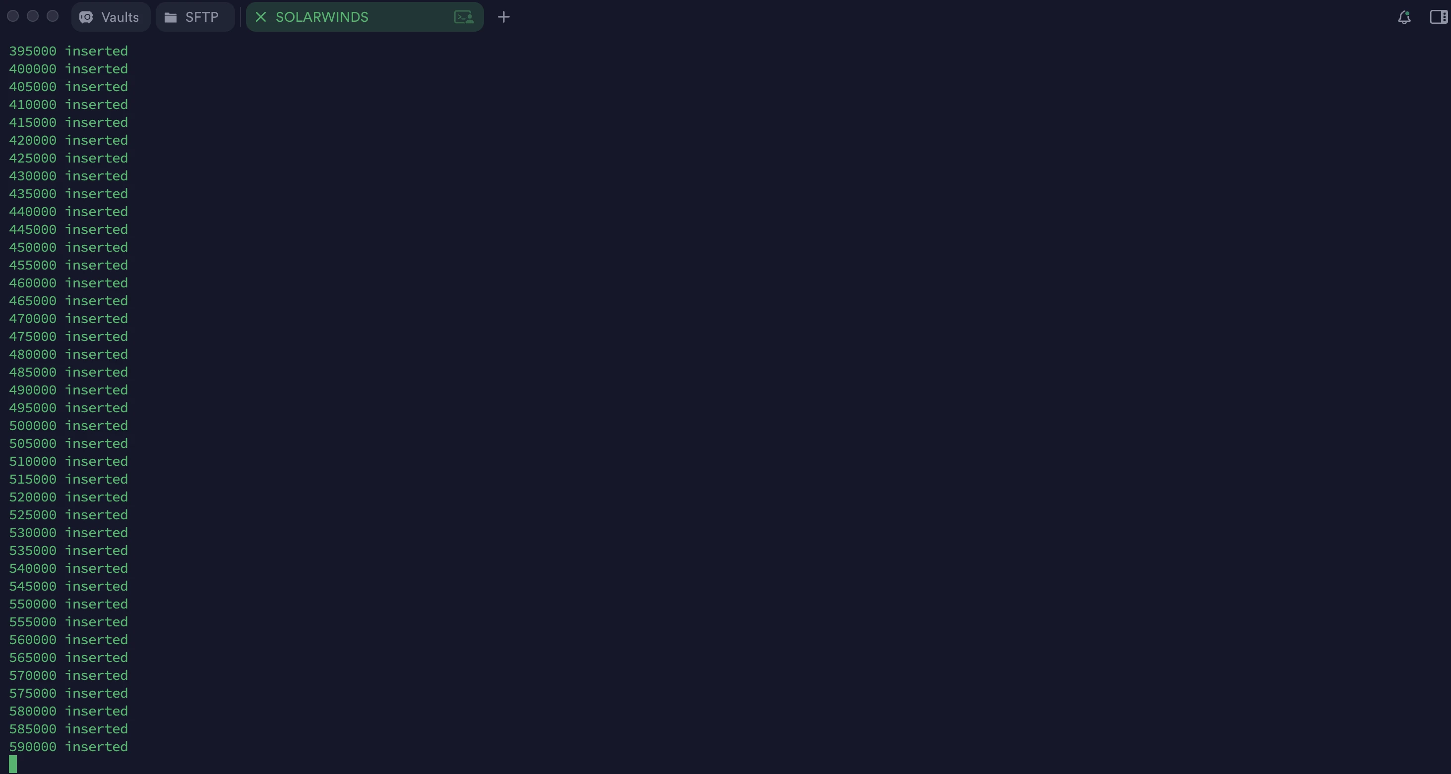 Terminal output showing "X inserted" messages as the script runs Terminal output showing "X inserted" messages as the script runs