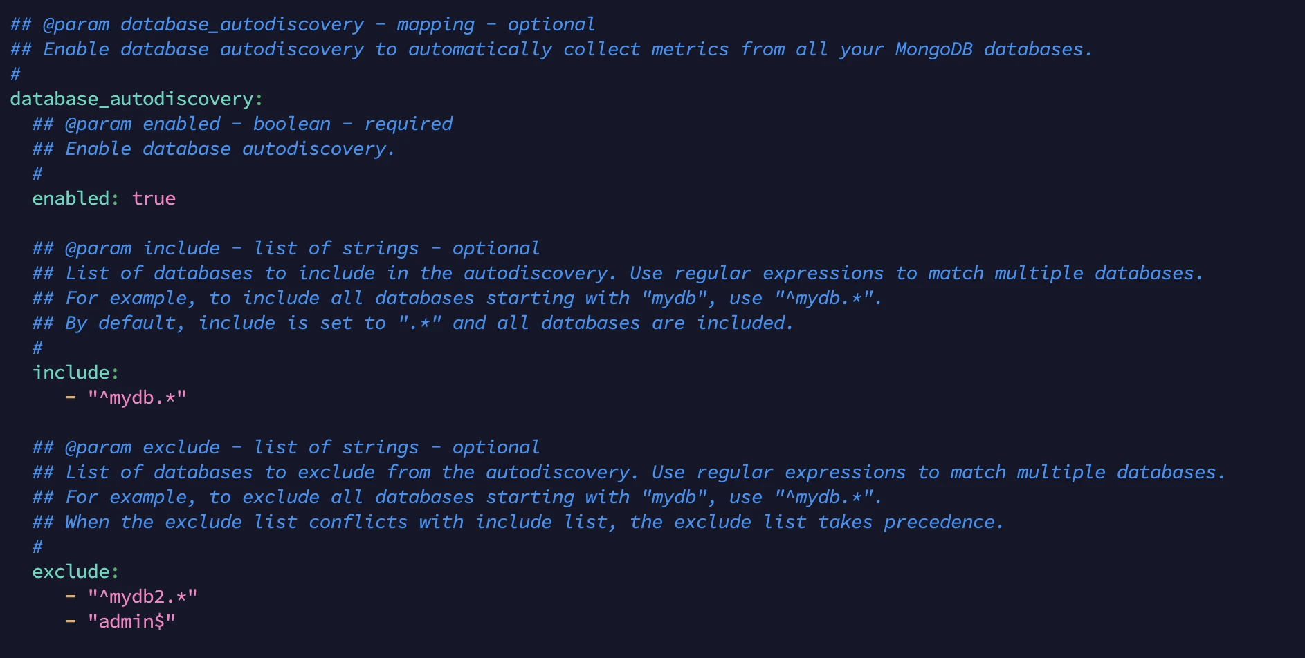 configuration file showing database_autodiscovery section with regex patterns configuration file showing database_autodiscovery section with regex patterns