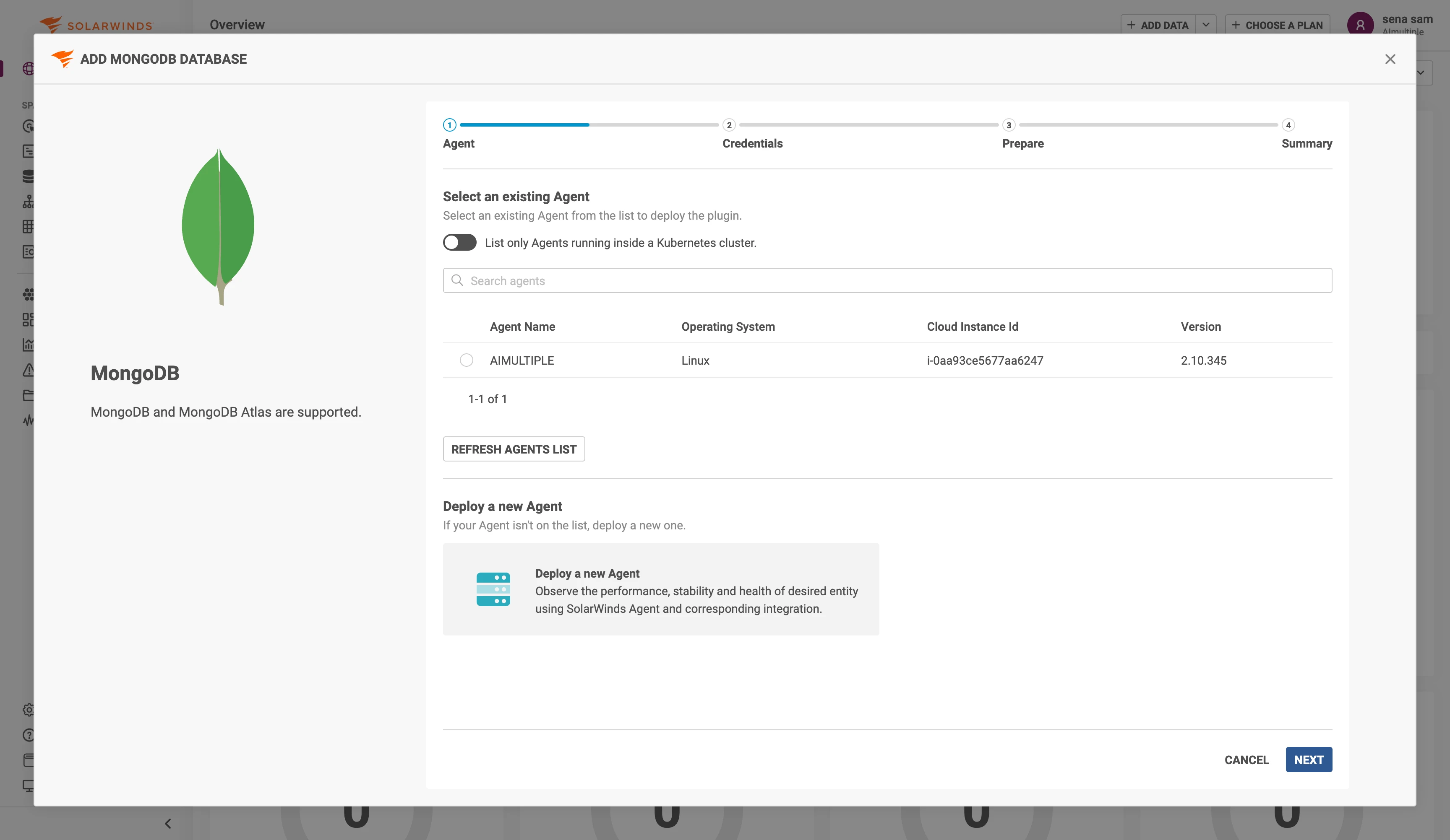BANCO DE DADOS MONGODB mostrando a seleção de agentes com AIMULTIPLE