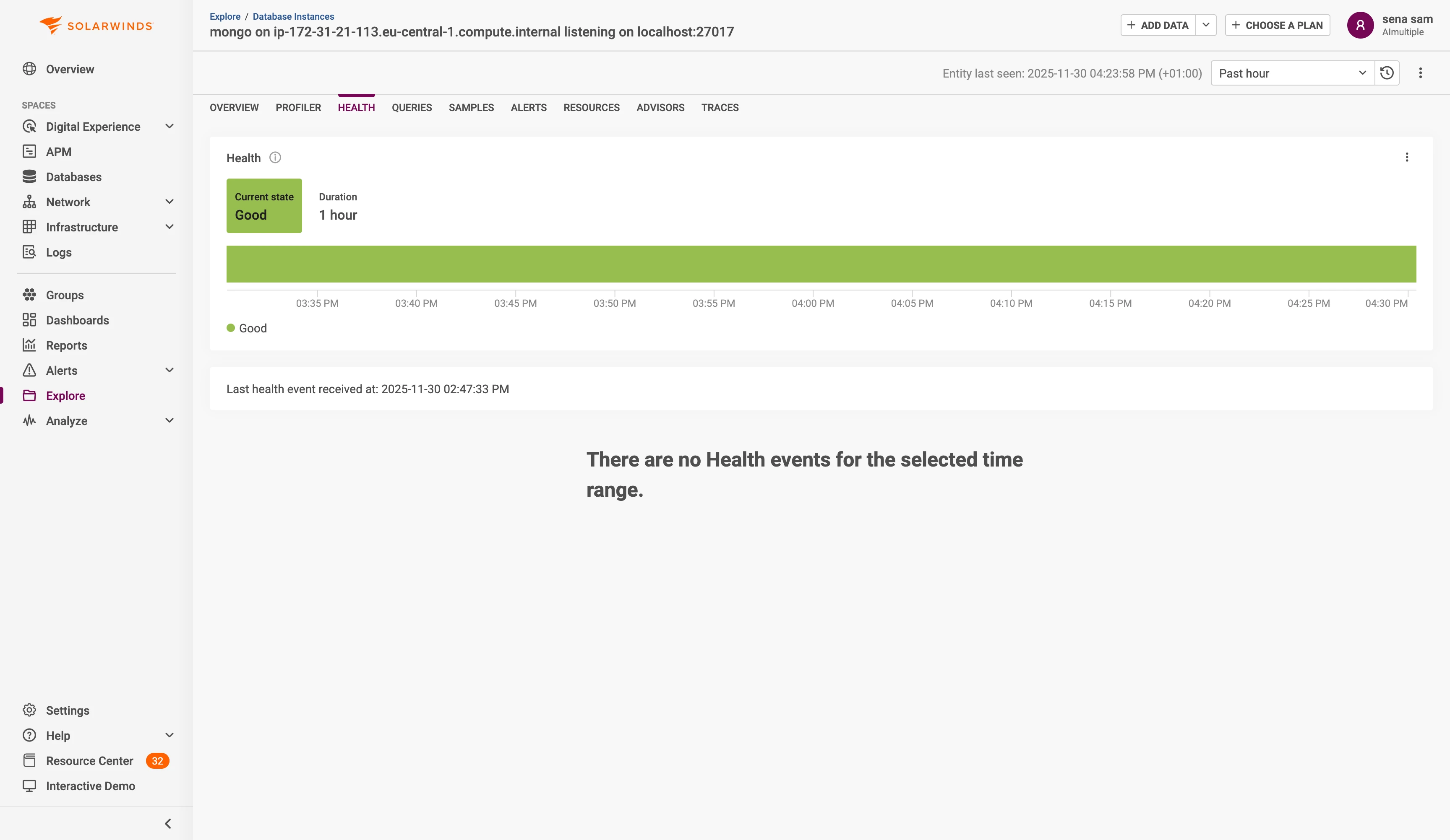 Solarwinds Health tab showing "Current state: Good, Duration: 1 hour" with a green timeline Solarwinds Health tab showing "Current state: Good, Duration: 1 hour" with a green timeline