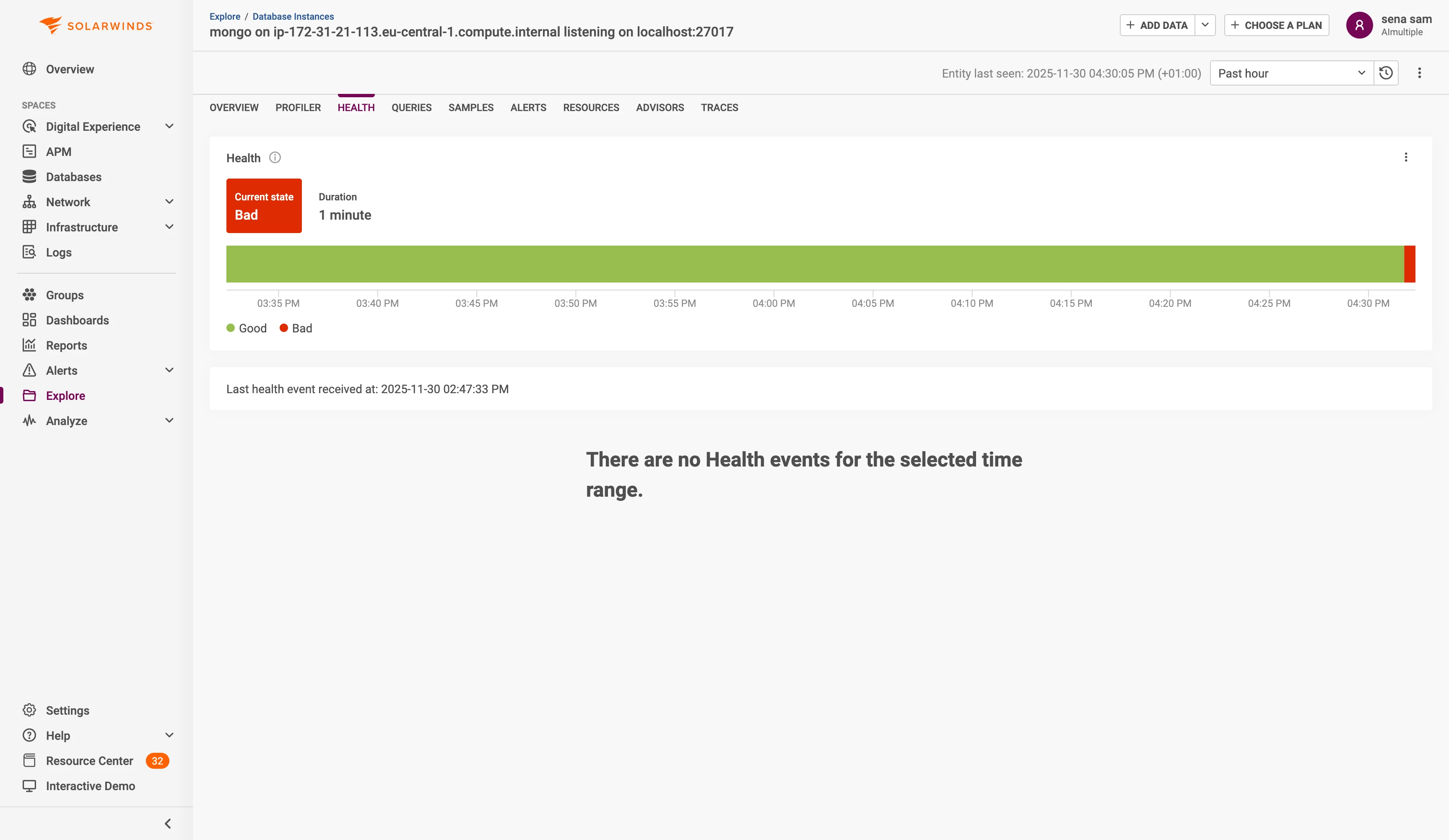 Solarwinds Health tab showing "Current state: Bad, Duration: 1 minute" with red indicator Solarwinds Health tab showing "Current state: Bad, Duration: 1 minute" with red indicator