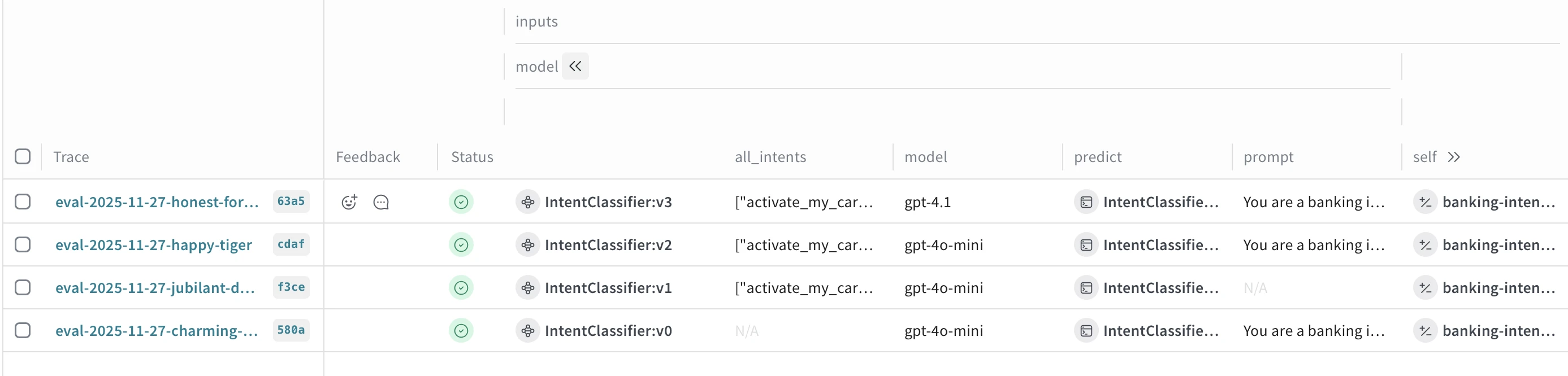 Tableau de suivi d'évaluation présentant les versions du modèle et leurs résultats de classification d'intention.