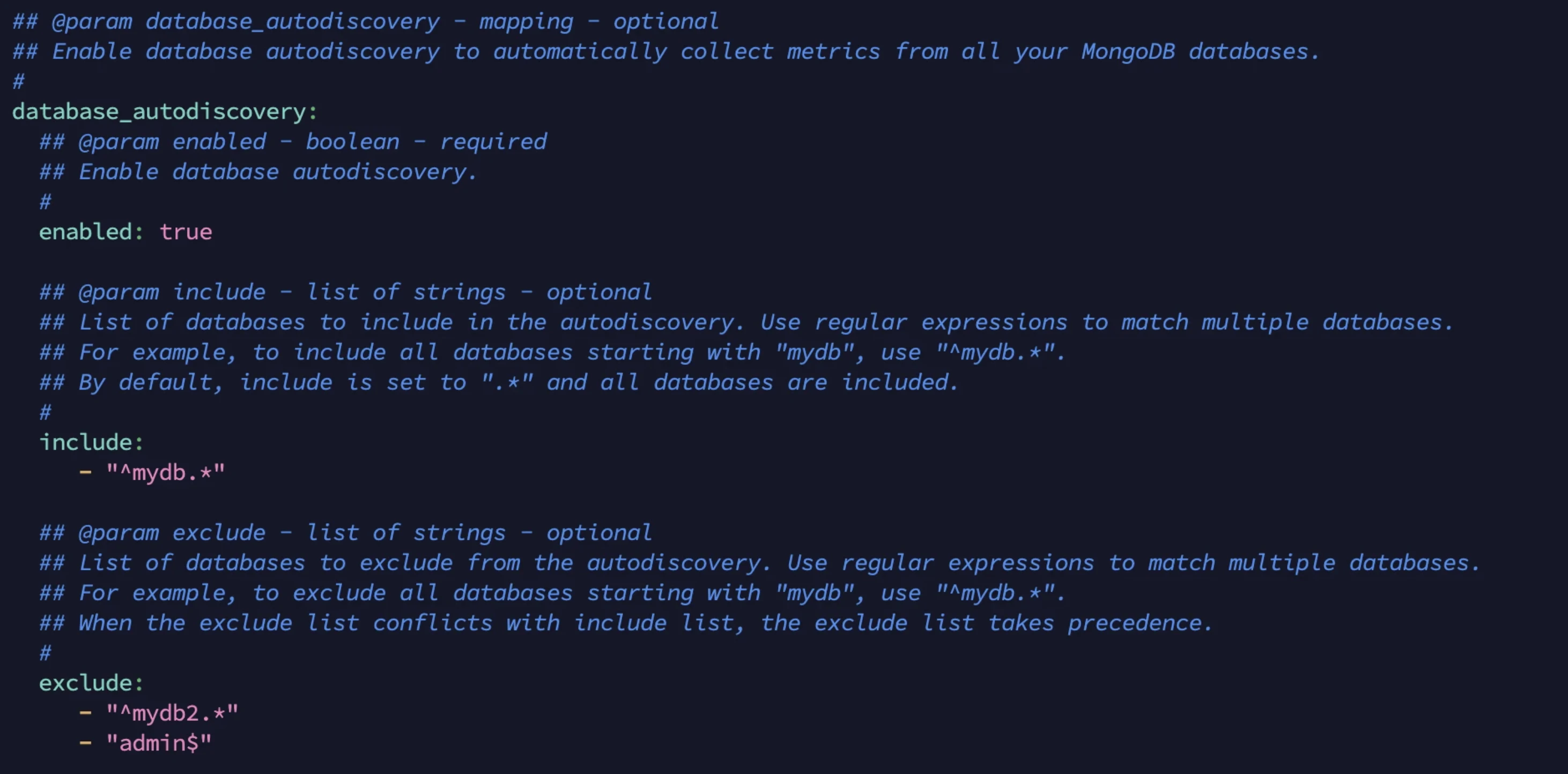 Konfigurationsdatei mit dem Abschnitt database_autodiscovery und Regex-Mustern
