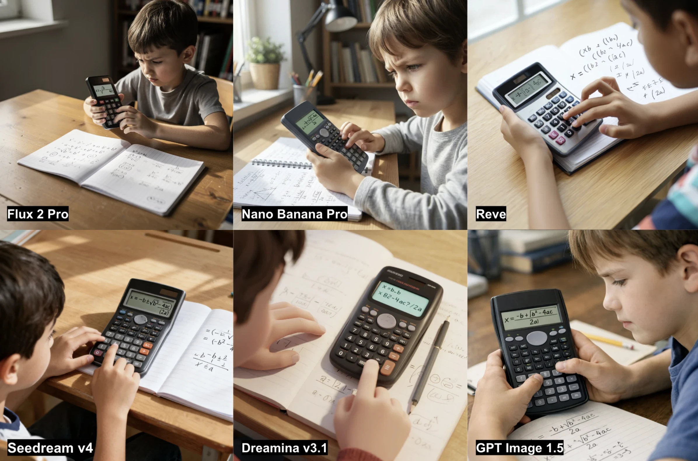 Results from 6 AI image generators depicting a child using a calculator to apply the quadratic formula.