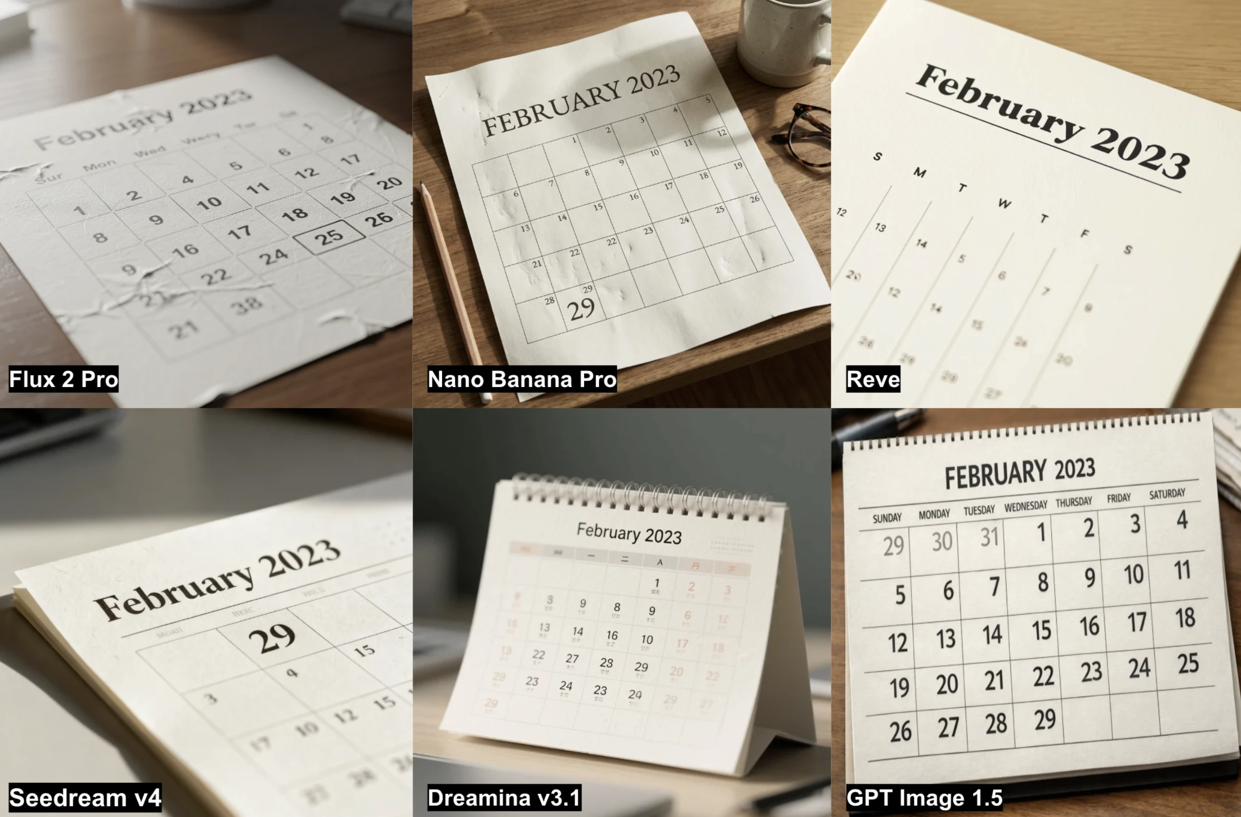 Results from 6 AI image generators on the calendar task, depicting an impossible date (February 29, 2023).