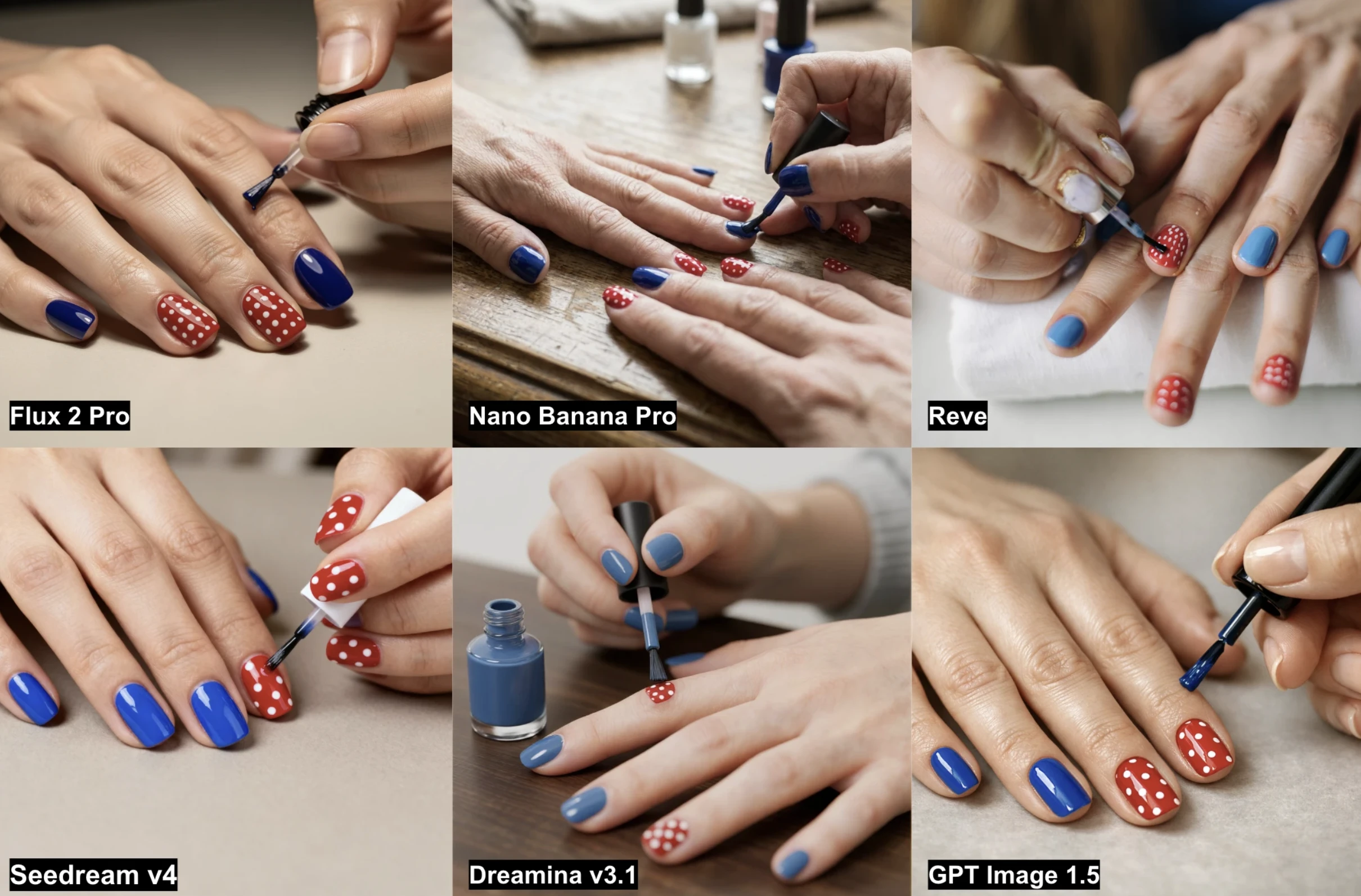 Results from 6 AI image generators on the hands task, requiring nail painting with specific color and pattern constraints.
