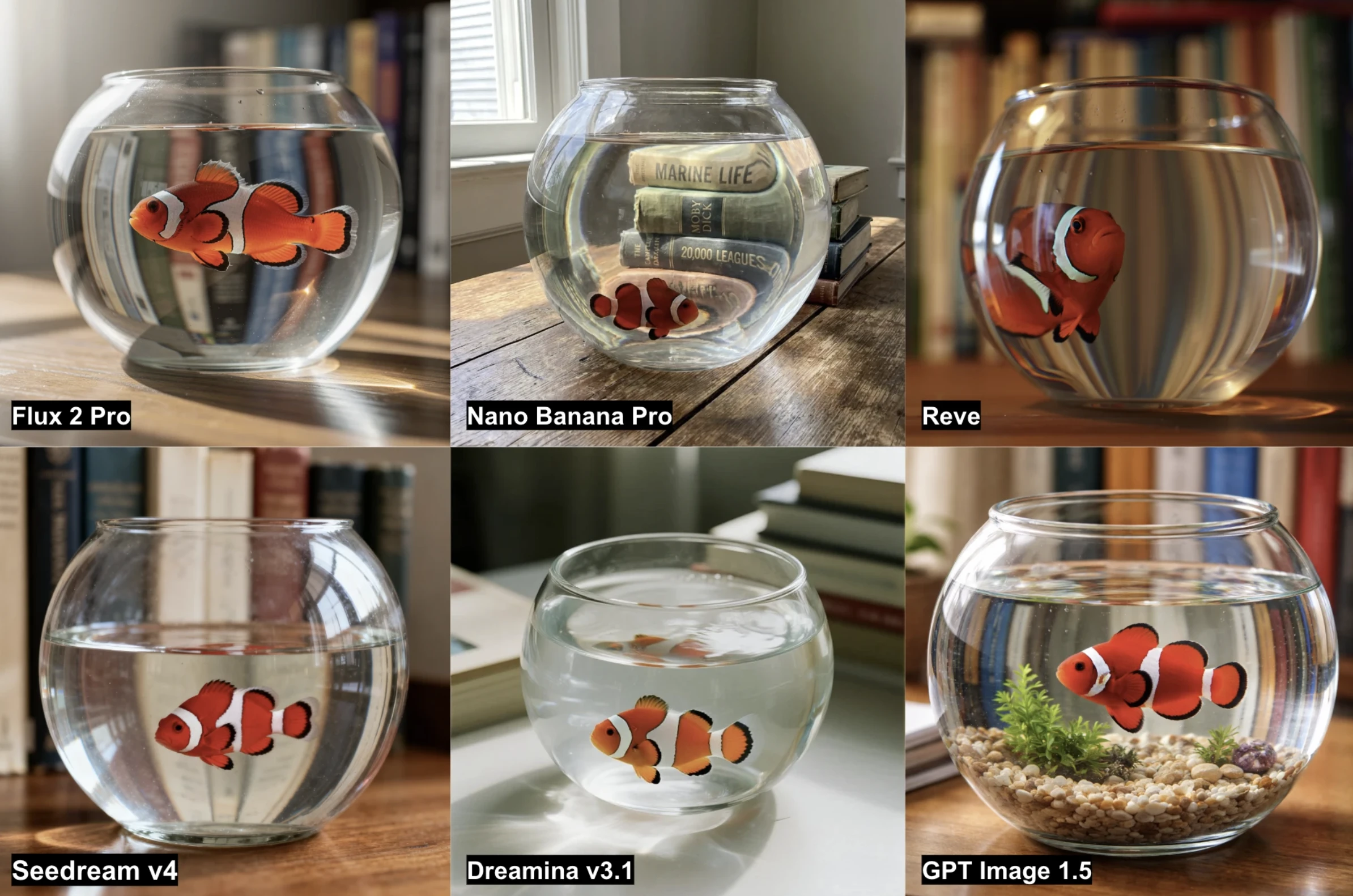 Results from the 6 AI image generators depicting a clownfish in a glass bowl with background distortion.