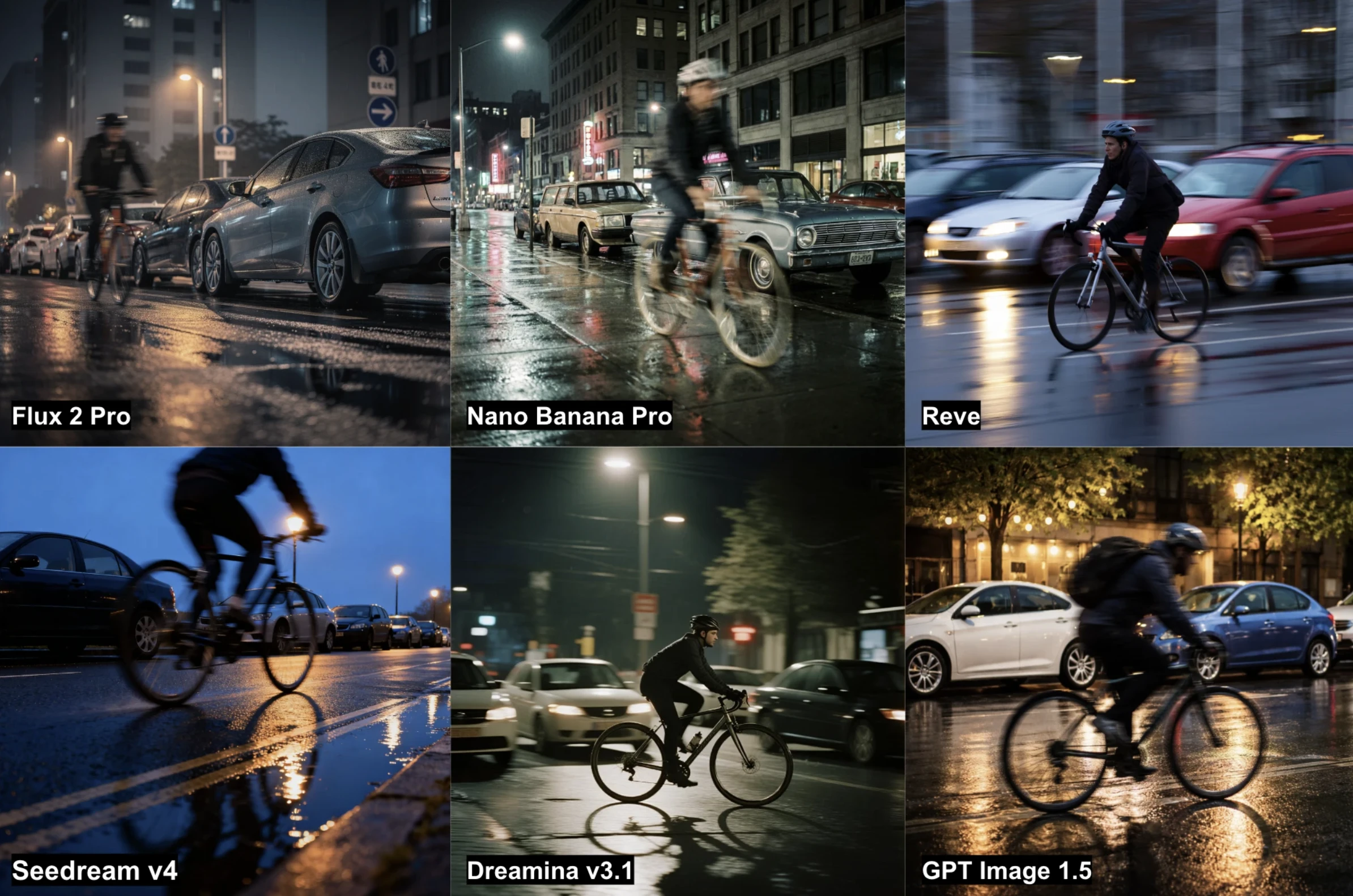 Results from the 6 AI image generators on the cyclist task, featuring motion blur against a sharp background.