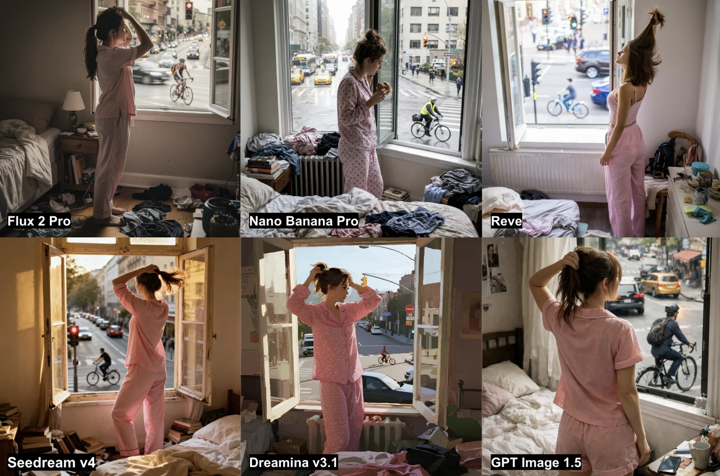 Results from the 6 AI image generators for a woman with an indoor–outdoor scene.