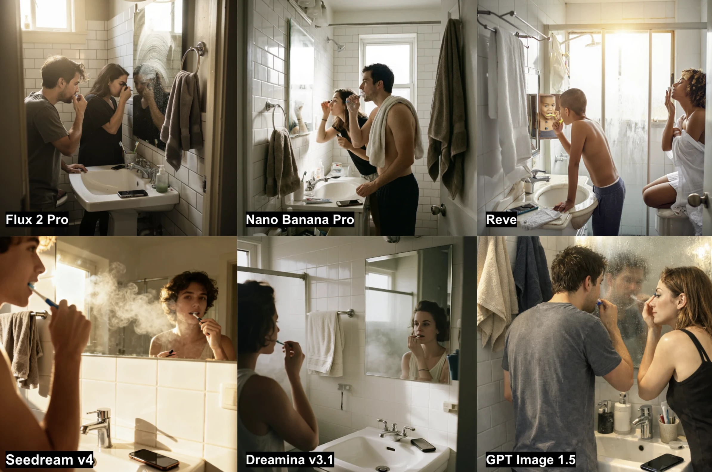 Results from the 6 AI image generators on the bathroom task, featuring two people, steam on the mirror, and visible clutter.
