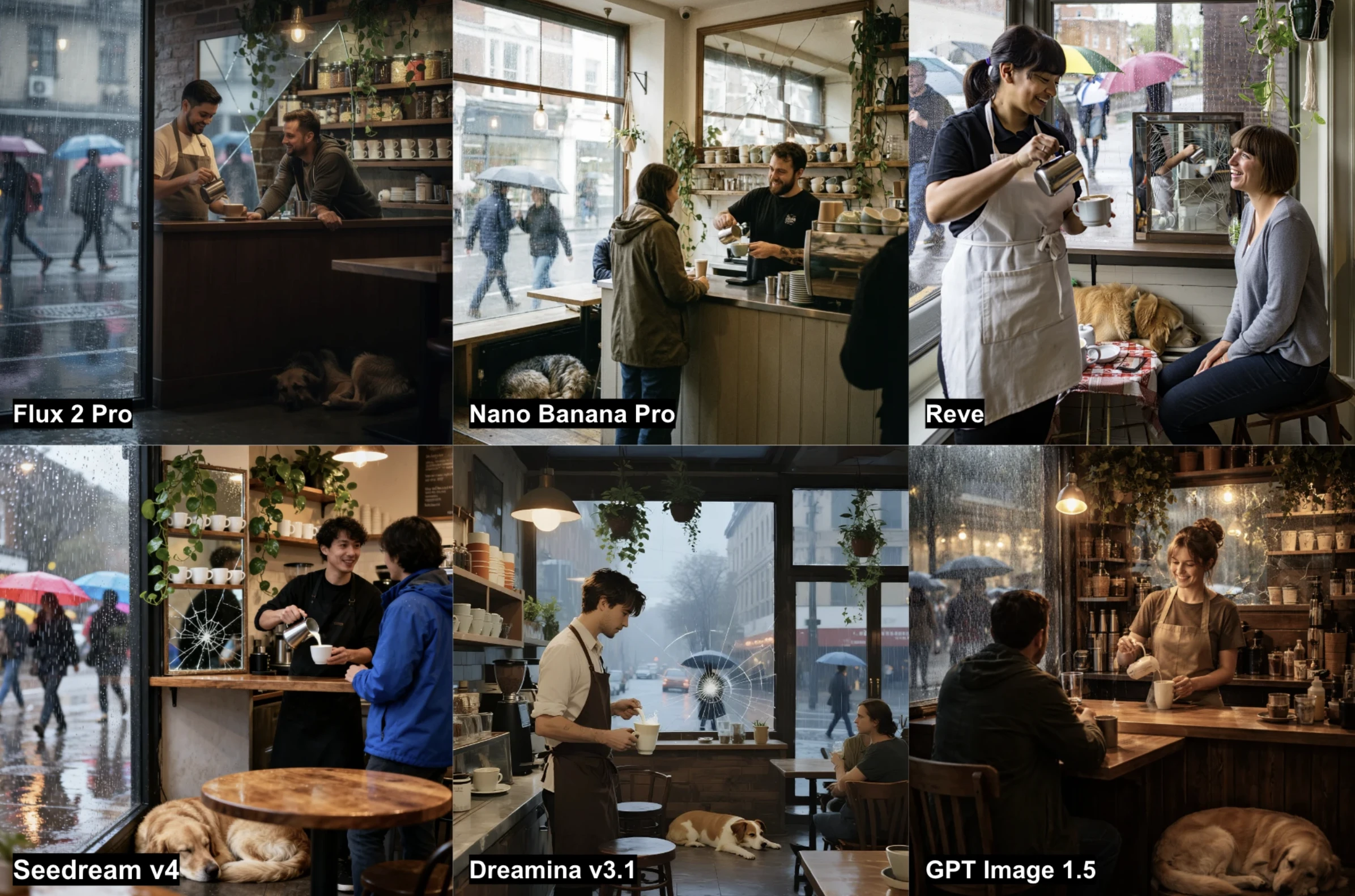 Results from the 6 AI image generators on the cafe task, set on a rainy day with multiple interactions and reflections.